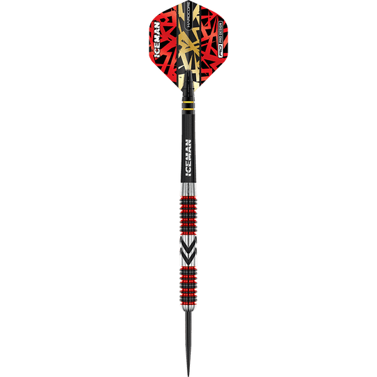 RD2567_Red_Dragon_Gerwyn_Price_Firebird_Steeldarts_1MJDm7fRvrMuaA Auf dem Bild ist ein professioneller Steeldartpfeil zu sehen. Er hat auffällige rote und schwarze Muster sowie die Aufschrift "ICEMAN" auf dem Schaft.