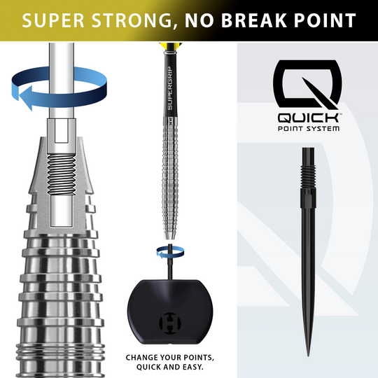 Harrows NX90 Tapered Quick Point Steeldarts sind auf diesem Bild abgebildet. Die Darts besitzen ein modernes, schlankes Design.