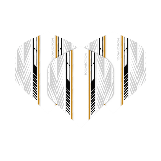 Vols de Pentathlon blanc/noir/or Das Bild zeigt die Pentathlon White Black Gold No2 Standard Flights für Dartpfeile. Die Flights sind überwiegend weiß mit schwarzen und goldenen Zierstreifen sowie geometrischen Mustern.