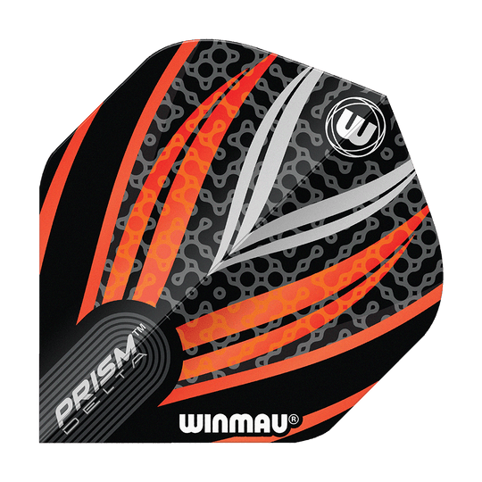 Vols standard Winmau Prism Delta Noir Blanc Orange n° 2 Das Bild zeigt ein Dart-Flight der Marke Winmau mit dem Namen "Prism Delta Schwarz Weiß Orange No2 Standard Flights". Das Design besteht aus schwarzen, weißen und orangefarbenen Streifen mit einem modernen Muster.