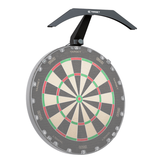 Éclairage pour cible de fléchettes Target ARC V2 Das Bild zeigt eine Dartscheibe mit der Target ARC V2 Dartboard Beleuchtung darüber. Die Beleuchtung sorgt für eine gleichmäßige Ausleuchtung der gesamten Spielfläche.