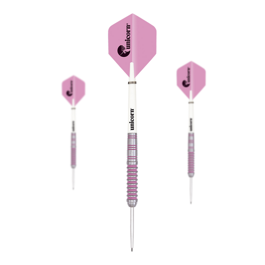 Fléchettes en acier Unicorn Autograph Das Bild zeigt drei Unicorn Autograph Steeldarts mit rosa Flights. Die Darts haben eine weiße Mitte und einen geriffelten, silber-rosa Schaft.
