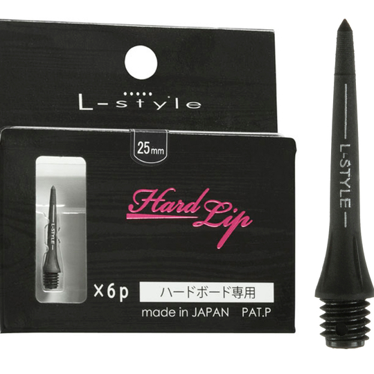 hlp1 Das Bild zeigt eine Packung mit "Hard Lip Steel Points (6 Stk) Conversion Points - 25 mm" von L-style. Neben der Verpackung ist einer der schwarzen Conversion Points abgebildet.