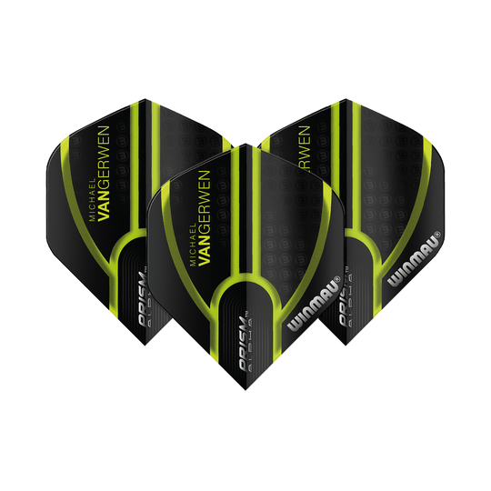 6915-143_Winmau_Prism_Alpha_MvG_Black_Green_V1_Standard_Flights_1dQZFRZdLARkiM Das Bild zeigt drei schwarze und grüne Dartflights mit dem Aufdruck "Michael van Gerwen" und "Winmau". Es handelt sich um das Produkt "Winmau Prism Alpha MvG Black Green V1 Standard Flights".