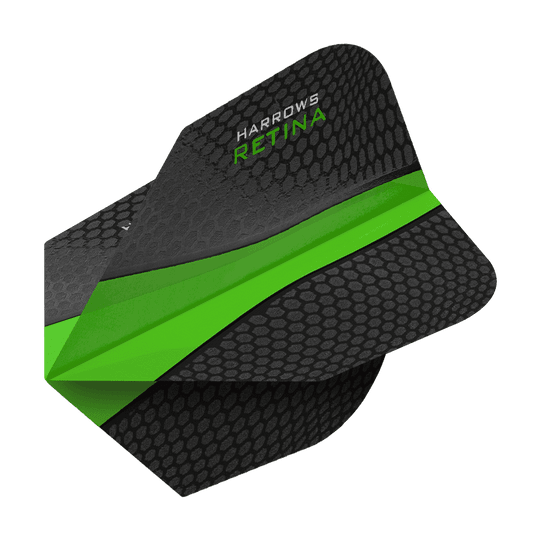 HR5508_Harrows_Retina_Gr-n_No2_Standard_Flights_2 Das Bild zeigt ein Dartflight mit dem Produktnamen "Harrows Retina Grün No6 Flights". Das Flight ist schwarz mit einer grünen Linie und einer wabenartigen Struktur.