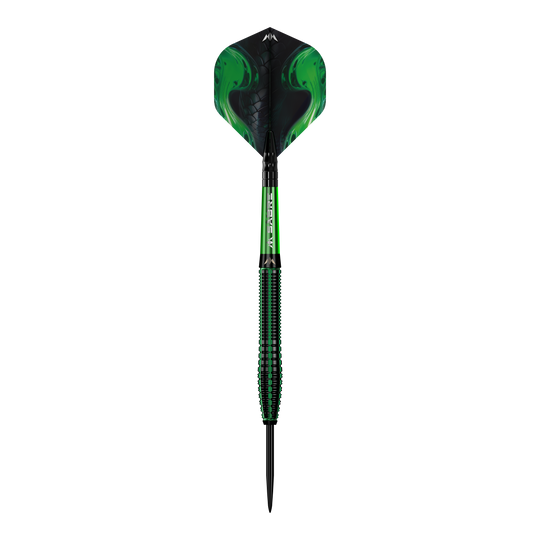 Fléchettes en acier Mission Venom Das Bild zeigt einen Mission Venom Steeldart mit einem auffälligen, grünen Design. Der Schaft und die Flights haben ein modernes Muster, das an Schlangenhaut erinnert.