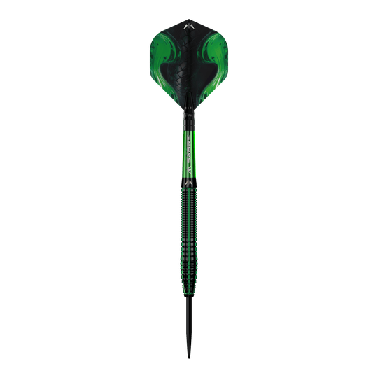 Fléchettes en acier Mission Venom Ein einzelner Mission Venom Steeldart wird präsentiert. Die Konturen und das Design sind gut erkennbar.