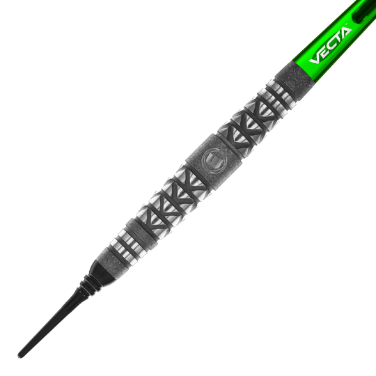Fléchettes souples Winmau Simon Whitlock à poignée atomisée Das Bild zeigt einen Winmau Simon Whitlock Atomised Grip Softdart. Der Dart hat ein auffälliges Griffmuster und einen grünen Schaft mit der Aufschrift "VECTA".
