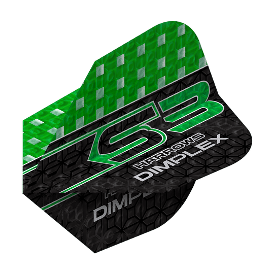 Volets Harrows Dimplex S3 - Vert Das Bild zeigt einen grünen und schwarzen Dartflight mit der Aufschrift "Harrows Dimplex S3". Das obere Drittel ist grün mit silbernen Quadraten, der Rest ist schwarz mit einem Muster und weißen Schriftzügen.