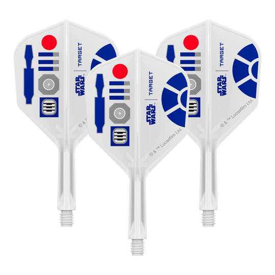 Abgebildet sind Dart-Flights mit Star Wars R2D2 Motiv und dem Dateinamen 410510_Target_StarWars_KFlex_R2D2_No6_Flights_Short_19mm_1Set. Es handelt sich um ein Set kurzer Dart-Flights.