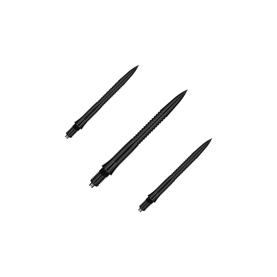 Embouts de fléchettes Caliburn EZ-EVO - Rainurés - Noirs Das Bild zeigt ein Set EVO201 Caliburn EZ-EVO Dartspitzen mit Rillen in Schwarz, jeweils 28 mm lang. Das Set ist ideal für Dartliebhaber und Vielspieler.