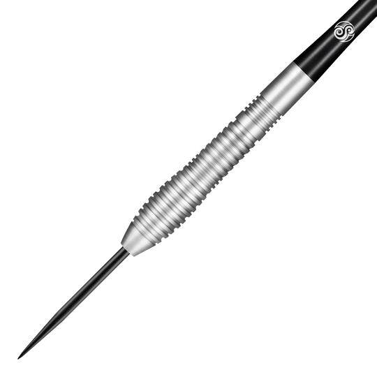 Fléchettes en acier Kestrel pour oiseaux de proie Das Bild zeigt einen Shot Birds Of Prey Kestrel Steeldart. Der Dartpfeil hat einen silbernen, geriffelten Körper und eine schwarze Spitze.