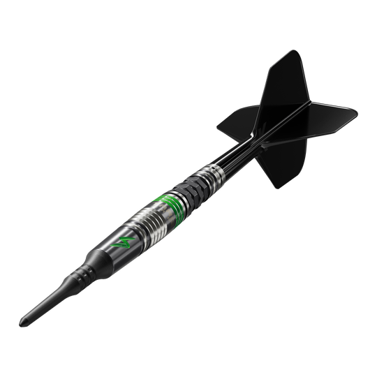 Fléchettes souples Target Japan Black Marque Lightning 3 - 19 g Das Bild zeigt einen Softdart der Marke Target Japan Black Marque Lightning 3 mit einem Gewicht von 19 Gramm. Der Dartpfeil ist schwarz und silber mit grünen Akzenten und hat schwarze Flights.