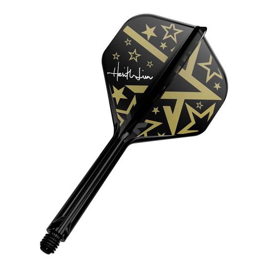 Système d'arbre de vol standard Target Japan K-Flex Hot Shot No2 Dies ist ein schwarzer Dartschaft mit einem Flight in Schwarz und Gold. Das Flight-Design zeigt goldene Sterne und geometrische Muster sowie eine weiße Unterschrift.