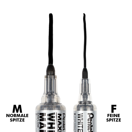 Das Bild zeigt zwei Board Marker Maxiflo von Pentel mit unterschiedlich breiten Linien. Einer schreibt breit, der andere schreibt schmal.