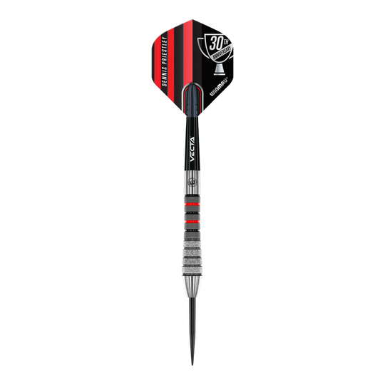Fléchettes en acier Winmau Dennis Priestley Diamond 3-Zero Das Bild zeigt einen Winmau Dennis Priestley Diamond 3-Zero Steeldart. Der Dartpfeil hat schwarze, silberne und rote Details sowie eine 30th Anniversary-Beschriftung auf dem Flight.