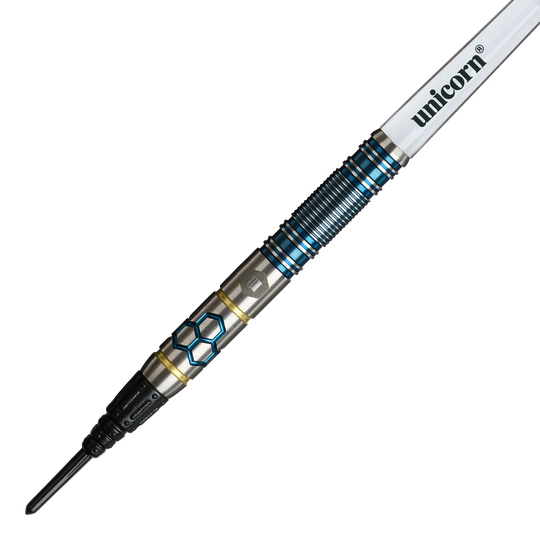 Fléchettes souples Unicorn Hexium Style 02 bleues et dorées - 21 g Unicorn Hexium Style 02 Blue & Gold Softdarts - 21g ist auf diesem Bild zu sehen. Die Softdarts sind in den Farben Blau und Gold gestaltet.