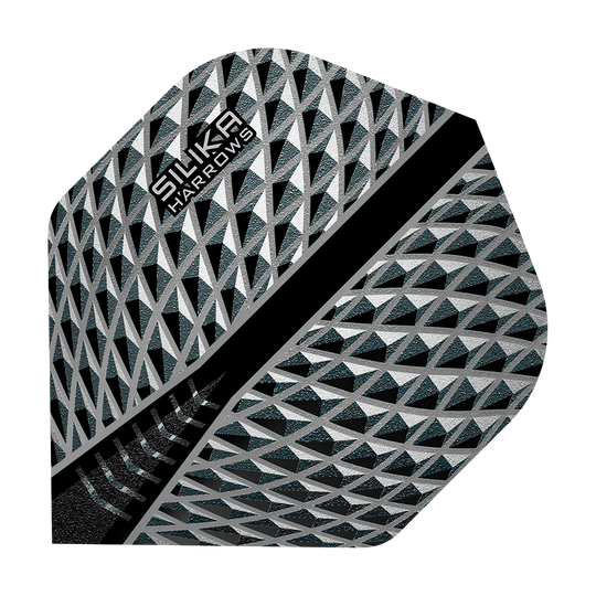 Das Bild zeigt das Produkt „Harrows Silika Smokey No2 Standard Flights“. Es hat ein geometrisches Muster in Schwarz, Silber und Grau mit dem Markennamen in der Ecke.