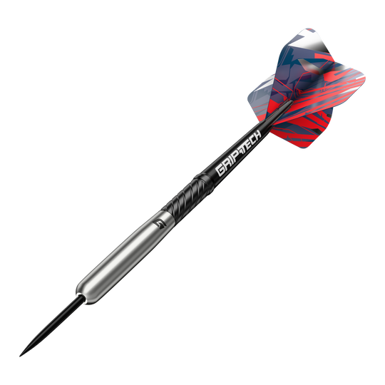 Fléchettes en acier tungstène GOAT Homerun Baseball Das Bild zeigt einen GOAT Homerun Baseball Tungsten Steeldart mit farbigem Flight und schwarzem Schaft. Der Dart hat einen silbernen Körper und trägt die Aufschrift "GRIPTECH".