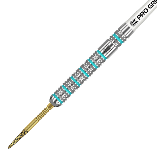 190095_Target_Rob_Cross_GEN2_Swiss_Point_Steeldarts_2 Das Bild zeigt einen Target Rob Cross GEN2 Swiss Point Steeldart. Der Dartpfeil hat einen silbernen Schaft mit türkisfarbenen Akzenten und eine goldfarbene Spitze.