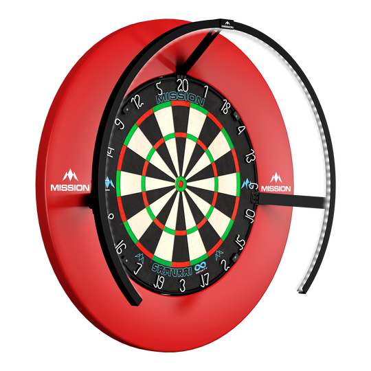 Éclairage LED pour cible de fléchettes Mission Torus 270 - Noir Zu sehen ist die Mission Torus 270 LED Dartboard Beleuchtung in Schwarz. Diese Beleuchtung verbessert die Sichtbarkeit beim Dartspielen.