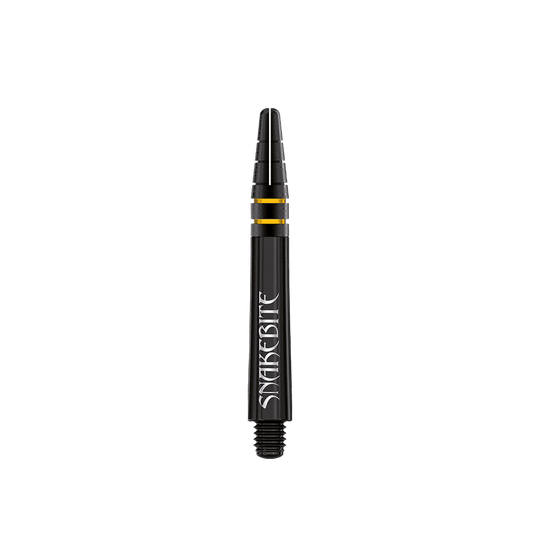 Das Bild zeigt einen schwarzen Dart-Shaft mit silberner Aufschrift "SNakeBite" und goldenen Akzenten. Es handelt sich um das Produkt "Red Dragon Nitrotech Peter Wright Shafts Schwarz - 39mm".
