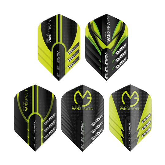 8122_Winmau_MvG_Prism_Flight_Collection_0 Die Winmau MvG Prism Flight Collection präsentiert Dartflights verschiedener Farben und Designs. Die Flights sind fächerförmig angeordnet.