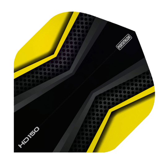 HD2023-Pentathlon-HD150-Black-Yellow Das Bild zeigt einen HD 150 Pentathlon Dartflight in Schwarz und Gelb. Das Design besteht aus gelben und schwarzen Flächen mit geometrischen Mustern und dem Schriftzug „Pentathlon“.