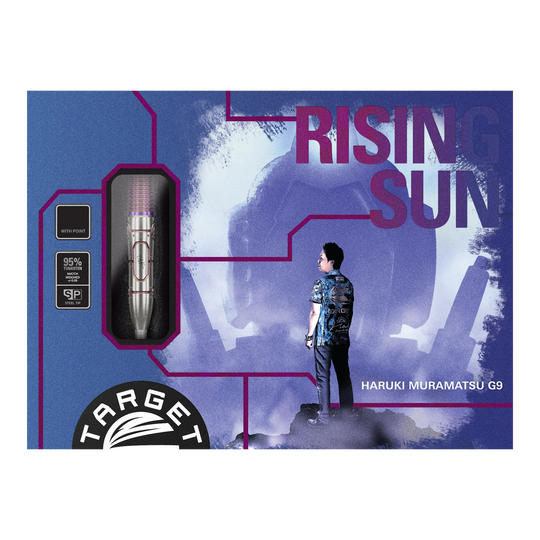Die Abbildung zeigt die Verpackung der "Target Japan Haruki Muramatsu Rising Sun GEN9 Steeldarts - 23g". Auf der Packung sind ein Dartpfeil, das Logo von Target und ein Mann im Profil sowie der Schriftzug "Rising Sun" zu sehen.