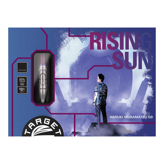 Target Japan Haruki Muramatsu Rising Sun GEN9 Steeldarts - 23 g Die Abbildung zeigt die Verpackung der "Target Japan Haruki Muramatsu Rising Sun GEN9 Steeldarts - 23g". Auf der Packung sind ein Dartpfeil, das Logo von Target und ein Mann im Profil sowie der Schriftzug "Rising Sun" zu sehen.