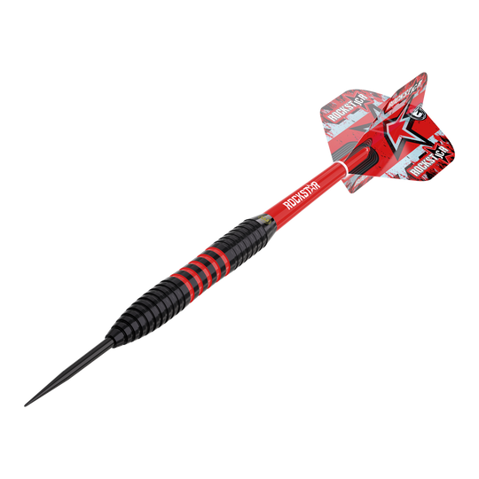 Fléchettes en acier Winmau Joe Cullen en laiton - 20 g Das Bild zeigt einen Winmau Joe Cullen Brass Steeldart mit einem Gewicht von 20g. Der Dart ist schwarz und rot, mit einer auffälligen roten Flights und dem Schriftzug "ROCKSTAR".
