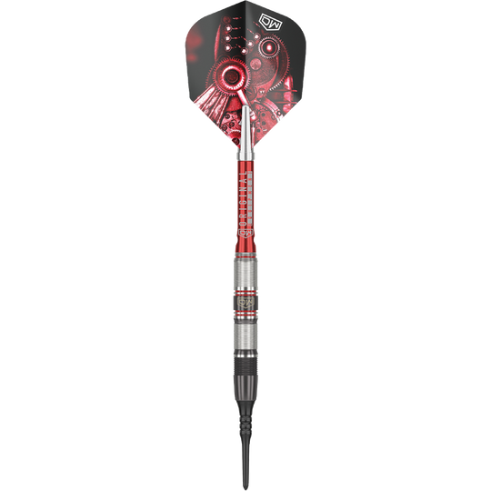 Fléchettes souples DW Piranha Razor 02 Das Bild zeigt den Softdart "DW Piranha Razor 02". Der Dart hat ein silber-rotes Barrel und auffällige Flights mit einem Zahnrad-Design.