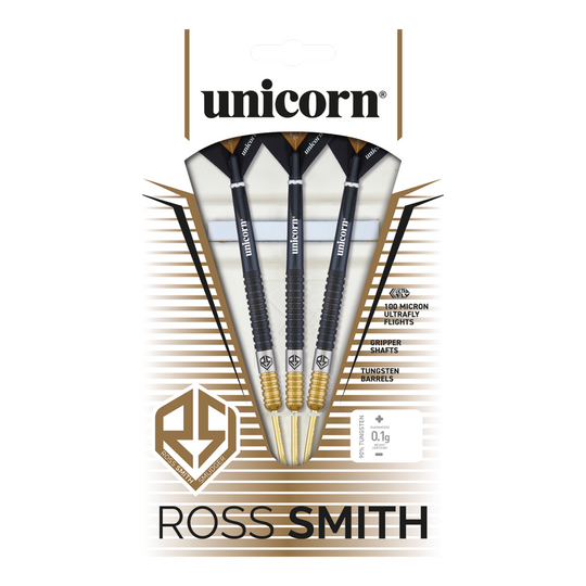 Fléchettes en acier bicolore Unicorn Ross Smith Das Bild zeigt die Unicorn Ross Smith Two-Tone Steeldarts in ihrer Verpackung. Die Verpackung hebt die Eigenschaften wie Gripper Shafts, 100 Micron Ultrafly Flights und Tungsten Barrels hervor.
