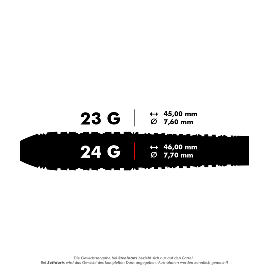 Fléchettes en acier Shot Redline Mach 1 Das Bild zeigt die Spezifikationen von Steeldarts mit 23 g und 24 g Gewicht. Die Maße für 23 g sind 45,00 mm Länge und 7,60 mm Durchmesser, für 24 g sind es 46,00 mm Länge und 7,70 mm Durchmesser.