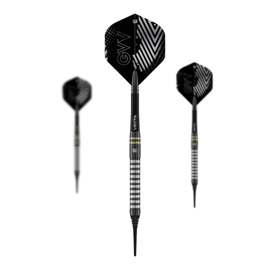 Fléchettes souples Winmau Gian Van Veen TS - 18g Das Foto zeigt ein Set der Winmau Gian Van Veen TS Softdarts 18g. Alle Darts liegen nebeneinander auf einer ebenen Fläche.