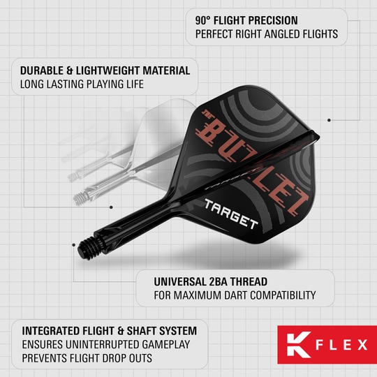 Système de flèche standard Target K-Flex Stephen Bunting n° 2 Das Bild zeigt die Target K-Flex Stephen Bunting No2 Standard Flights mit integriertem Flight- und Shaft-System. Sie bestehen aus langlebigem, leichtem Material und bieten eine präzise 90° Flugposition.