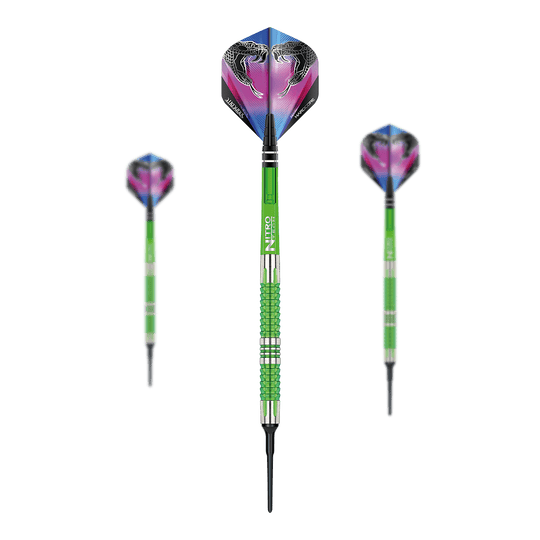 Fléchettes souples Red Dragon Peter Wright Snakebite Mamba 2 Das Bild zeigt drei Softdarts des Modells "Red Dragon Peter Wright Snakebite Mamba 2". Die Darts sind grün-silbern und haben bunte Flights mit Schlangenmotiven.