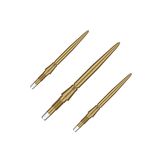 Embouts de fléchettes Target Swiss Storm Point - Or Das Bild zeigt drei goldene Dartspitzen, die nebeneinander angeordnet sind. Sie haben ein schlankes, spitzes Design mit einem silbernen Schraubgewinde am Ende.