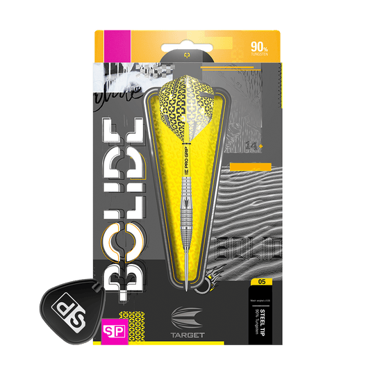 190063_Target_Bolide_05_Swiss_Point_Steeldarts_3f7G025yBQCBzq Das Bild zeigt die Verpackung der Target Bolide 05 Swiss Point Steeldarts. Die Darts haben ein auffälliges gelb-schwarzes Design und bestehen zu 90 % aus Tungsten.