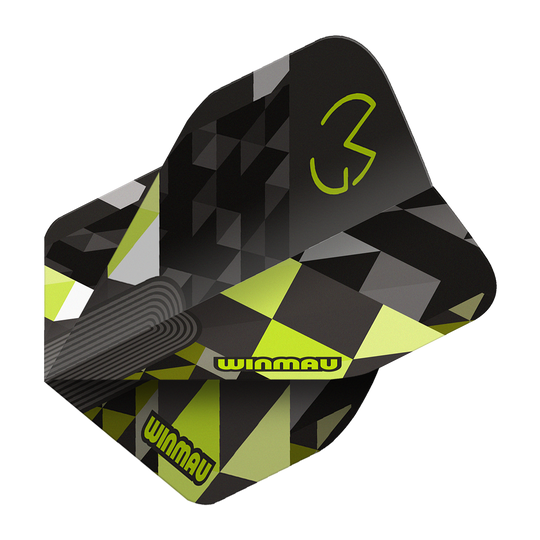 Vols standard Winmau Prism Delta MvG Logo Vert n° 2 Das Bild stellt Winmau Prism Delta MvG Logo Green No2 Standard Flights dar. Grüne Dart-Flights mit einem markanten Logo sind abgebildet.