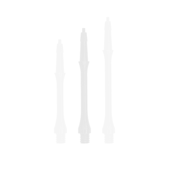 Das Bild zeigt drei weiße Harrows Clic Slim Shafts in unterschiedlichen Längen. Sie sind für den Einsatz bei Darts geeignet.