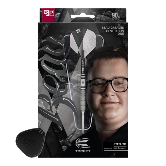 Fléchettes en acier Target Beau Greaves GEN1 Swiss Point Gezeigt wird das Set Target Beau Greaves GEN1 Swiss Point Steeldarts. Diese Darts sind ideal für Dartspieler und Fans von Beau Greaves.