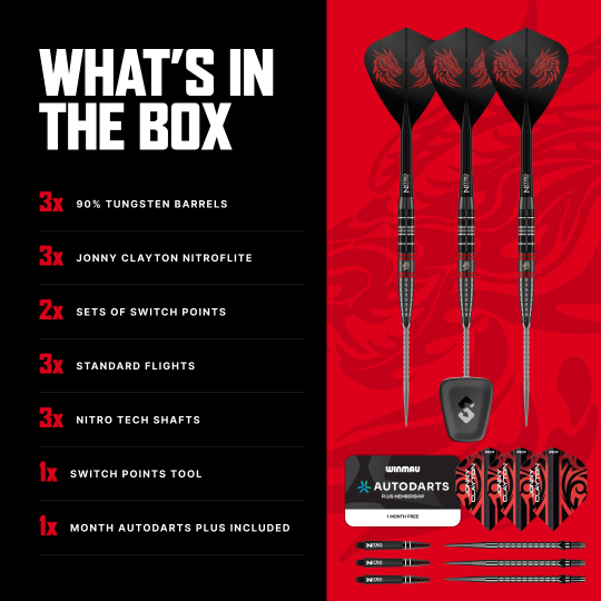 Das Foto zeigt die Red Dragon Jonny Clayton RD-ULTRA Switch Point Steeldarts mit einem Gewicht von 22 Gramm. Die Darts werden im Detail präsentiert.