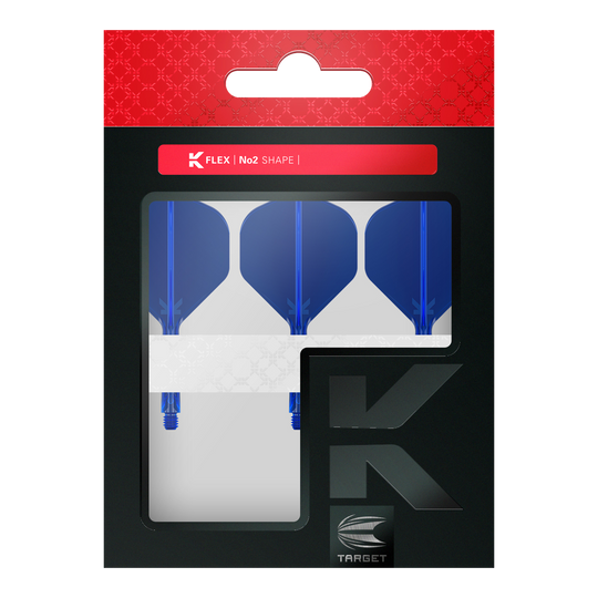 Système de vol standard Target K-Flex No2 - Bleu Die Verpackung enthält drei blaue Dart-Flights im No2-Standard-Format von der Marke Target. Im oberen Bereich steht "K Flex | No2 Shape" auf einem roten Streifen.