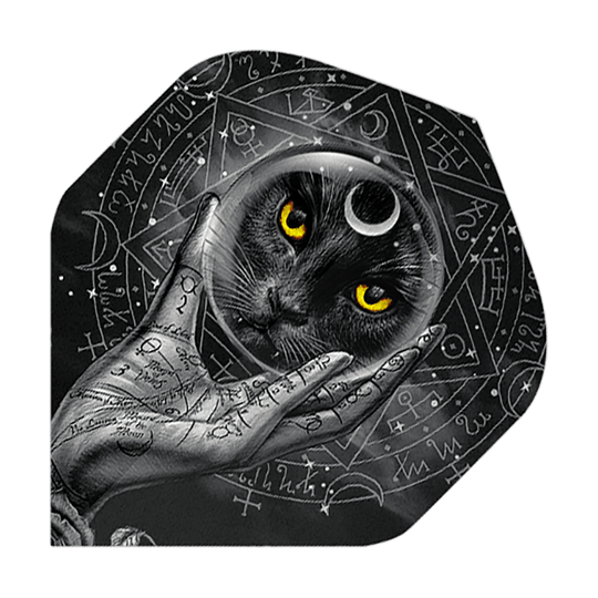 Vols standard en verre Alchemy Grimalkins n°2 Das Bild zeigt eine schwarze Katze mit leuchtend gelben Augen in einer Glaskugel, die von einer mit Symbolen verzierten Hand gehalten wird. Im Hintergrund sind mystische Zeichen und Symbole zu sehen.