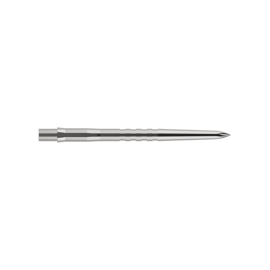 Auf dem Bild ist eine silberne, gerillte Steeldartspitze zu sehen. Sie ist schmal, lang und misst 32 mm in der Länge.