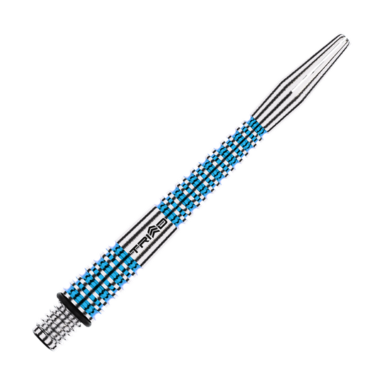 Winmau Triad RX Aluminium Shafts - Blau Das Bild zeigt einen blauen und silbernen Aluminium-Dartshaft mit dem Schriftzug "TRIAD". Der Schaft hat eine gerändelte Oberfläche für besseren Halt und ist 46 mm lang.