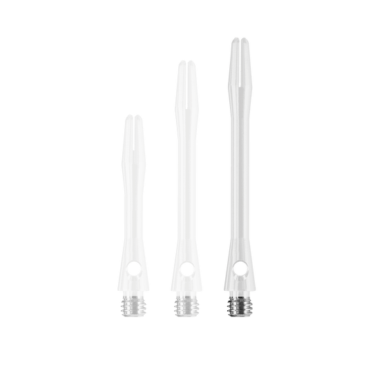 HR374_Harrows_Keramic_Shafts_Weiss_47mm_1 Das Bild zeigt drei weiße Harrows Keramic Shafts in verschiedenen Längen. Sie sind aus durchsichtigem Material gefertigt und haben ein Gewinde aus Metall am unteren Ende.