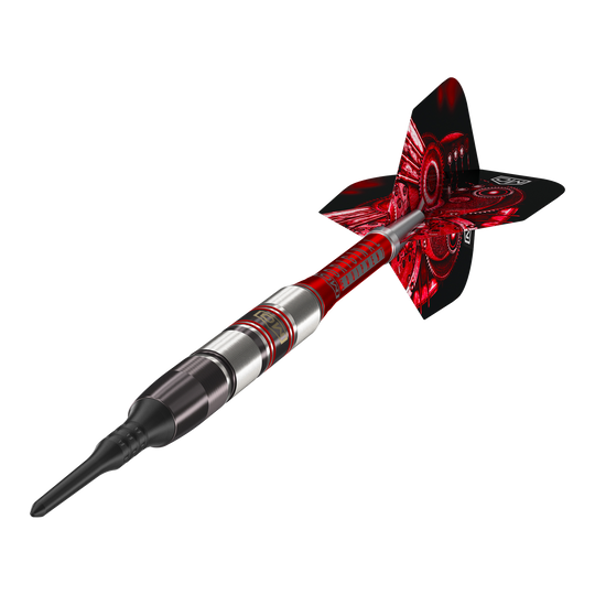 Fléchettes souples DW Piranha Razor 02 Das Bild zeigt den DW Piranha Razor 02 Softdart. Der Dart hat ein modernes Design mit roten und silbernen Akzenten.