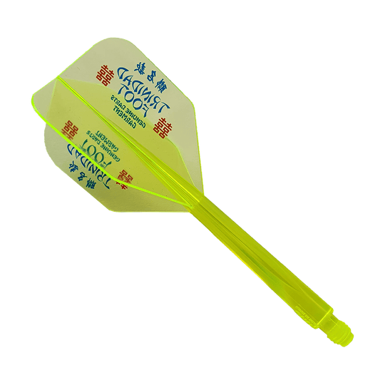 CO-0201_Condor_Axe_TrinidadFoot_Neon_Small_Flights_1 Das Bild zeigt das Produkt „Condor Axe Trinidad Foot Neon Flight-System Small“. Es ist ein neongelbes Dart-Flightsystem mit Aufschrift in Blau und Rot.